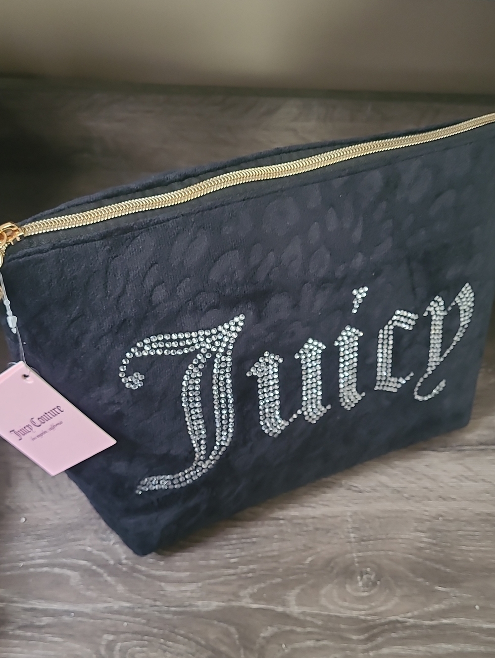 Juicy Couture Black Rhinestone Logo Zip Pouch with Gold Zipper